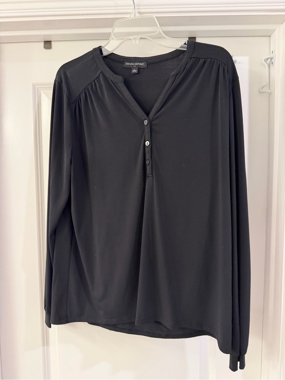 Banana Republic Black Long-Sleeve Henley Top with Button Placket